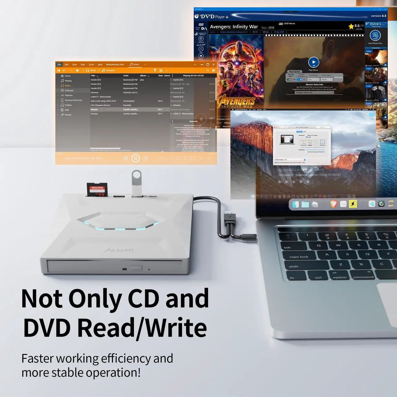 Alt view image 5 of 5 - Alxum USB DVD Drive External - Type-C USB 3.0 CD Burner with SD Slot & USB Ports DVD 8X CD 24X Super Fast Speed DVD Player for Laptop/PC/Window/Mac OS/Linux/Vista