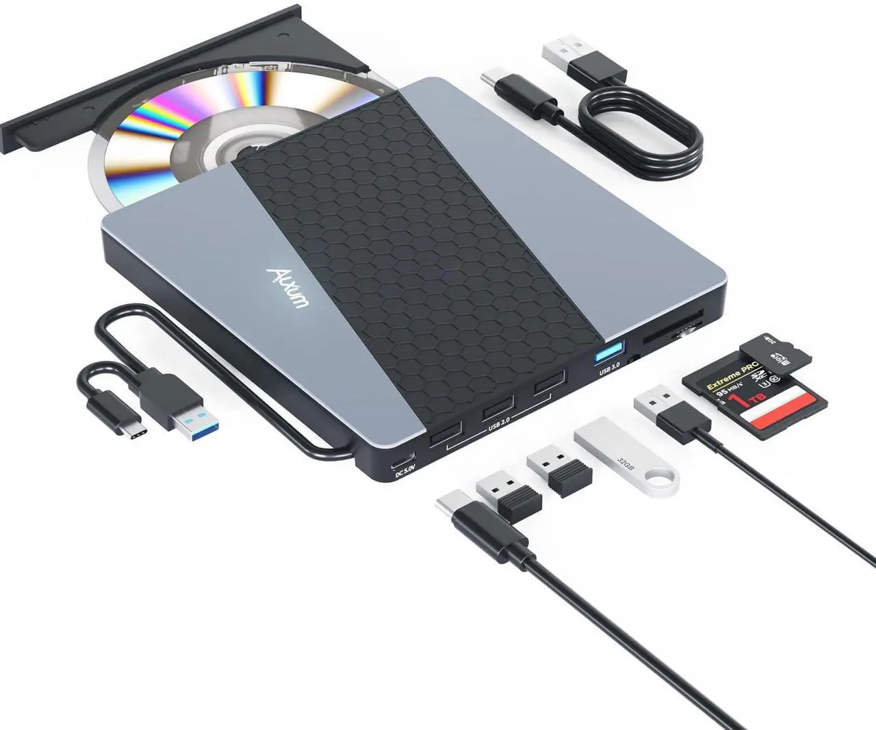 Main image of Alxum External CD Drive, 8 in 1 External DVD Drive for Laptop Portable CD Player with Multiple Ports Support Faster Transfer Speed CD 8X DVD 24x for Windows 11/10/8/7 MacOS and More