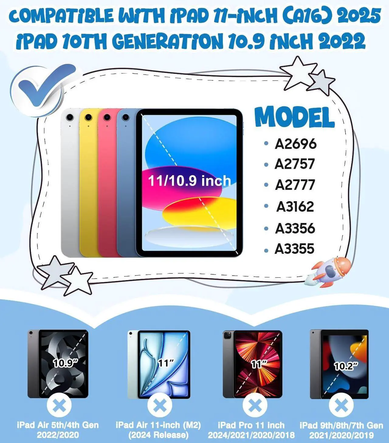 Alt view image 2 of 5 - OKP Kids Case for iPad 11 inch (A16) 2025/10.9'' (10th Generation) 2022, Shockproof Rugged 11th/ 10 th Gen iPad Protective Cover with Built-in Kickstand, Pencil Holder for Kids Girls Boys, Sky Blue