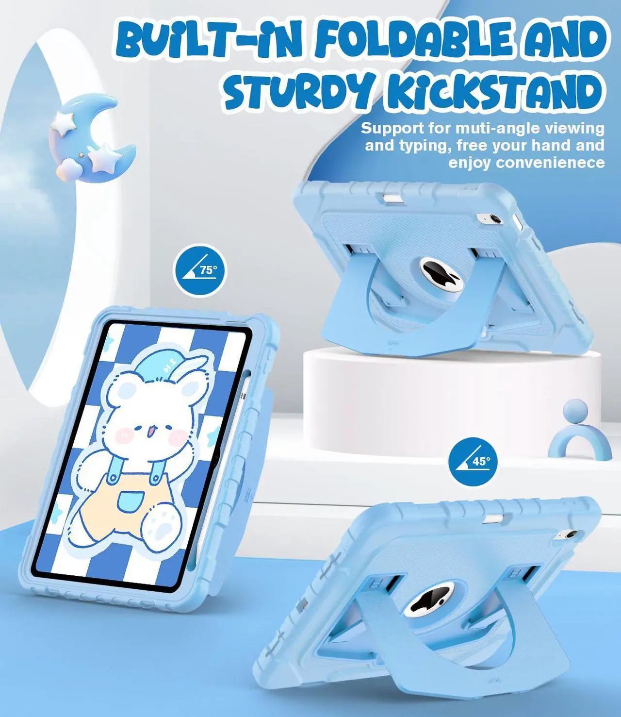 Alt view image 3 of 5 - OKP Kids Case for iPad 11 inch (A16) 2025/10.9'' (10th Generation) 2022, Shockproof Rugged 11th/ 10 th Gen iPad Protective Cover with Built-in Kickstand, Pencil Holder for Kids Girls Boys, Sky Blue