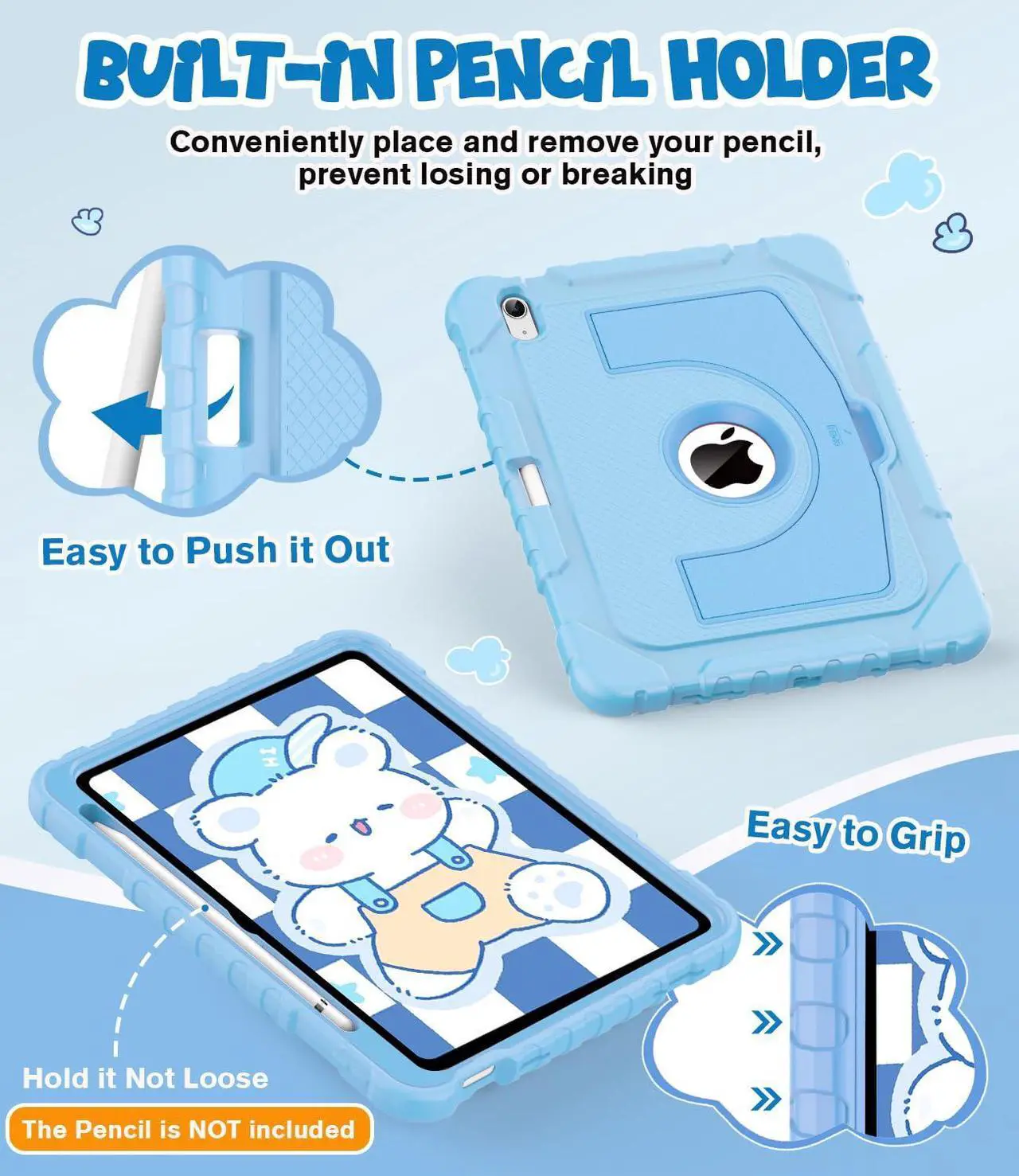 Alt view image 4 of 5 - OKP Kids Case for iPad 11 inch (A16) 2025/10.9'' (10th Generation) 2022, Shockproof Rugged 11th/ 10 th Gen iPad Protective Cover with Built-in Kickstand, Pencil Holder for Kids Girls Boys, Sky Blue