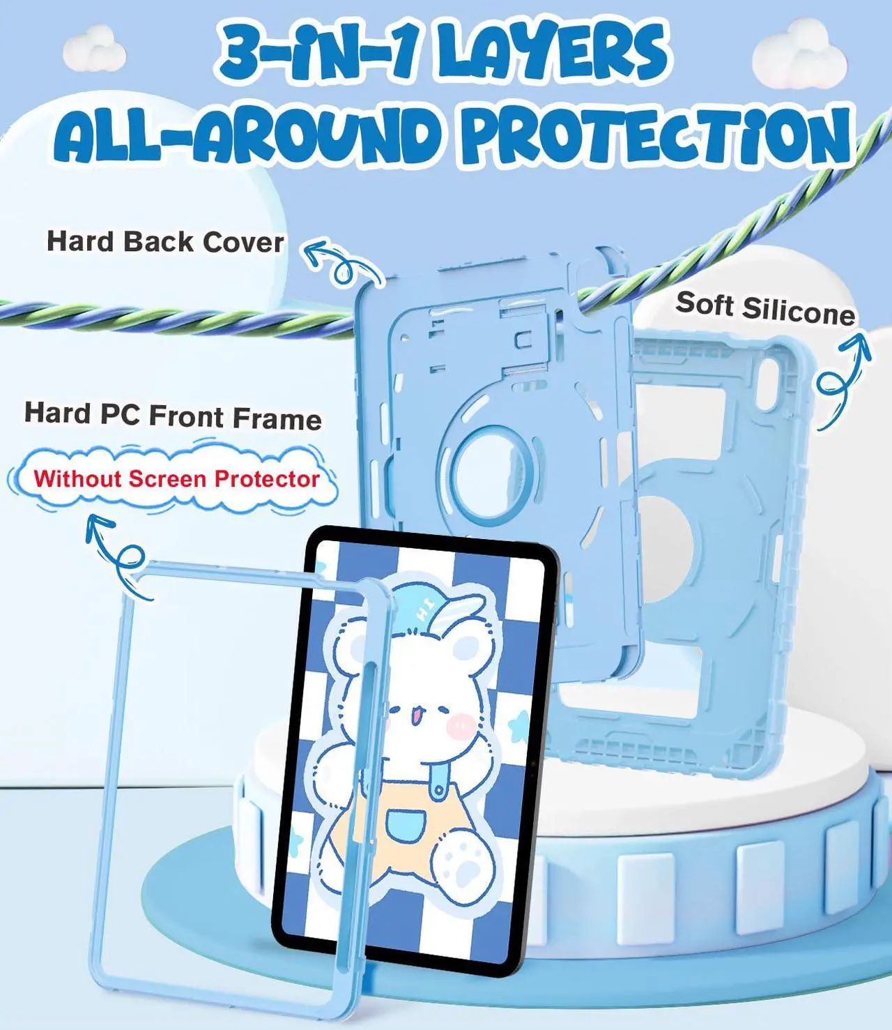 Alt view image 5 of 5 - OKP Kids Case for iPad 11 inch (A16) 2025/10.9'' (10th Generation) 2022, Shockproof Rugged 11th/ 10 th Gen iPad Protective Cover with Built-in Kickstand, Pencil Holder for Kids Girls Boys, Sky Blue