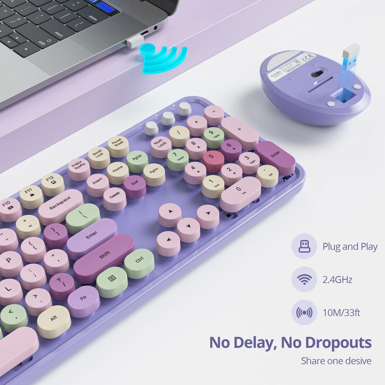 Alt view image 4 of 5 - Ussixchare Purple Wireless Keyboard and Mouse, Cute Keyboard and Mouse Combo, Full Size Typewriter Keyboards with Number Pad, Colorful Key Board for Pc Laptop