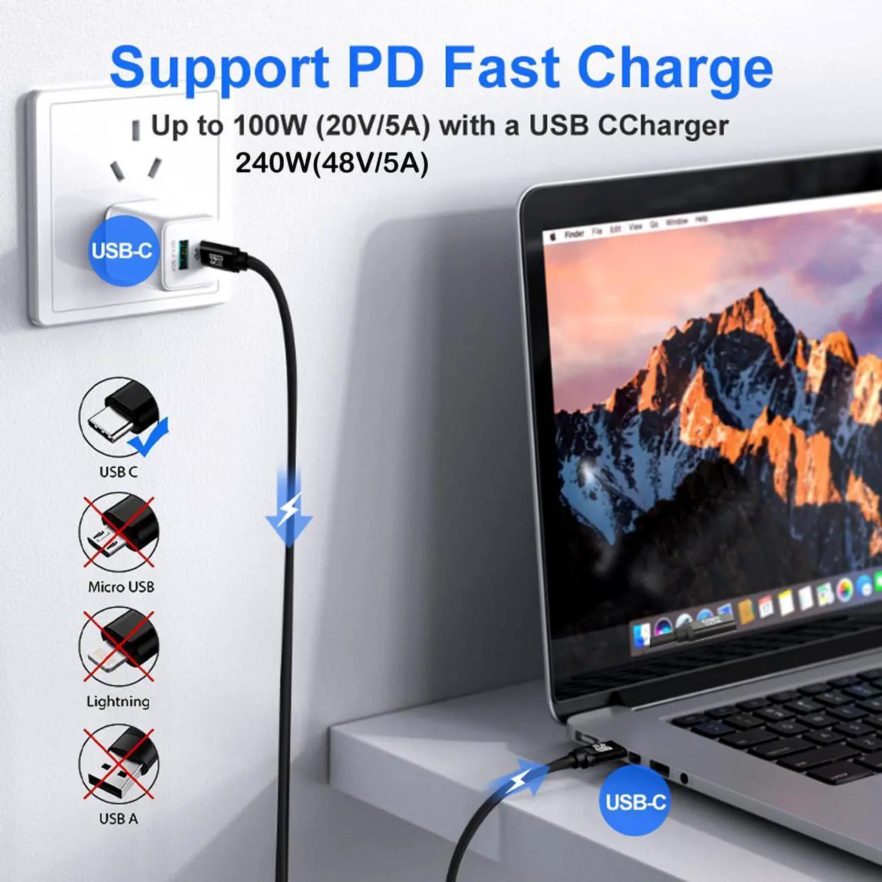 Alt view image 2 of 5 - Type C to USB C Cable 20FT,240W 8K60HZ USB C GEN2x2(Data usb3.2),USB C Video Output From USB3.2/ USB4.0 Fast Charging & Sync for Xreal MacBook Pro iPad Pro iPhone 15 Pro Galaxy S22 Portable Monitor
