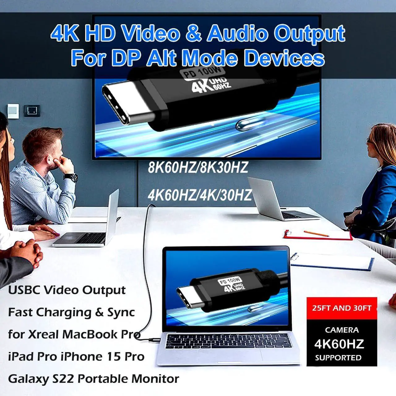 Alt view image 3 of 5 - Type C to USB C Cable 20FT,240W 8K60HZ USB C GEN2x2(Data usb3.2),USB C Video Output From USB3.2/ USB4.0 Fast Charging & Sync for Xreal MacBook Pro iPad Pro iPhone 15 Pro Galaxy S22 Portable Monitor