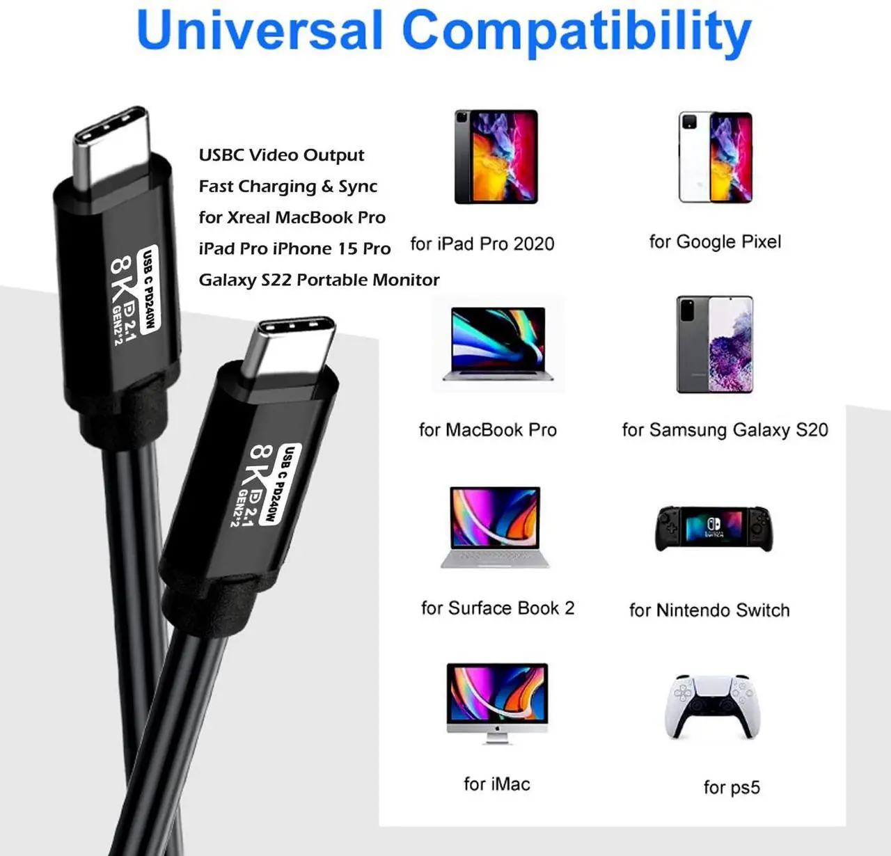 Alt view image 4 of 5 - Type C to USB C Cable 20FT,240W 8K60HZ USB C GEN2x2(Data usb3.2),USB C Video Output From USB3.2/ USB4.0 Fast Charging & Sync for Xreal MacBook Pro iPad Pro iPhone 15 Pro Galaxy S22 Portable Monitor