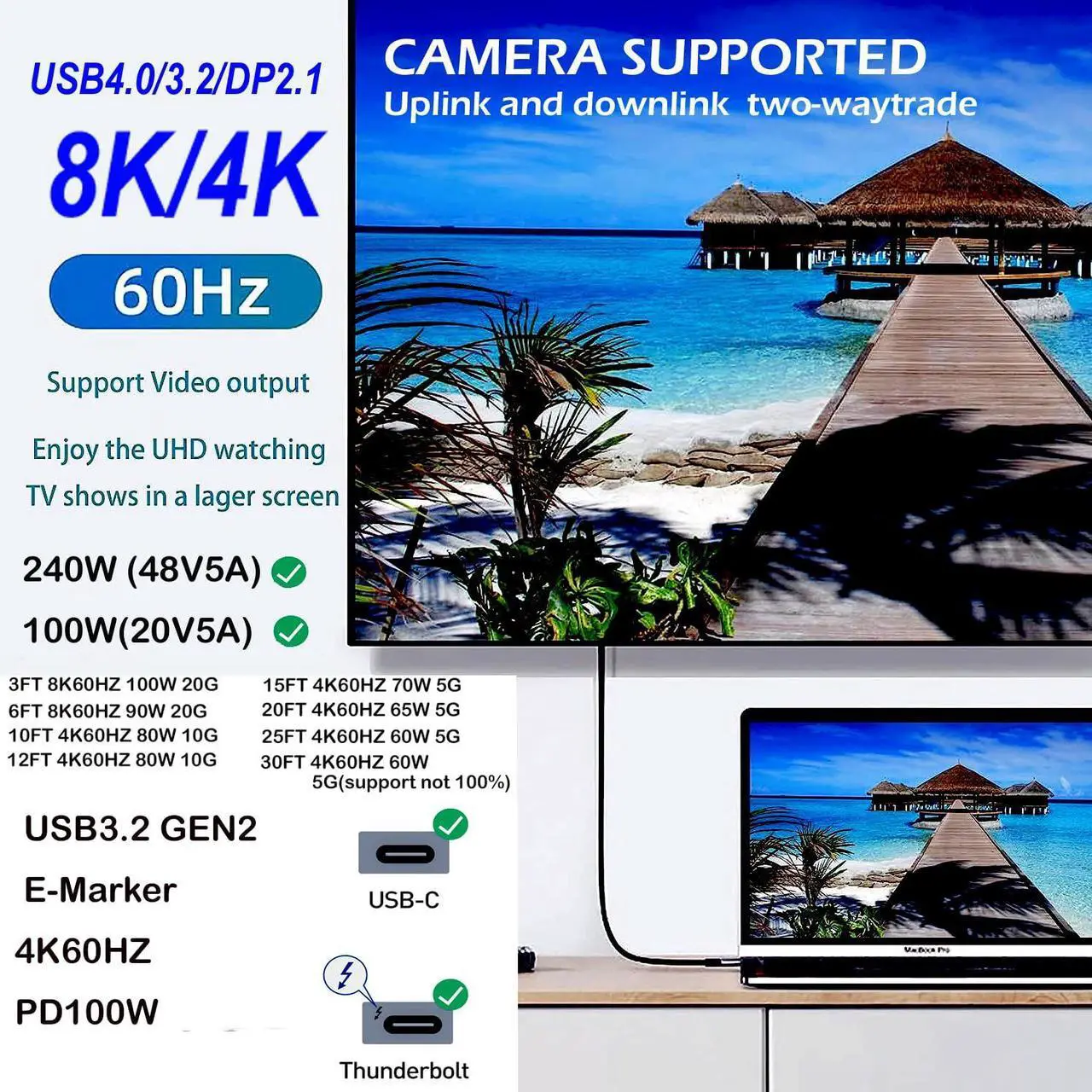 Alt view image 5 of 5 - Type C to USB C Cable 20FT,240W 8K60HZ USB C GEN2x2(Data usb3.2),USB C Video Output From USB3.2/ USB4.0 Fast Charging & Sync for Xreal MacBook Pro iPad Pro iPhone 15 Pro Galaxy S22 Portable Monitor
