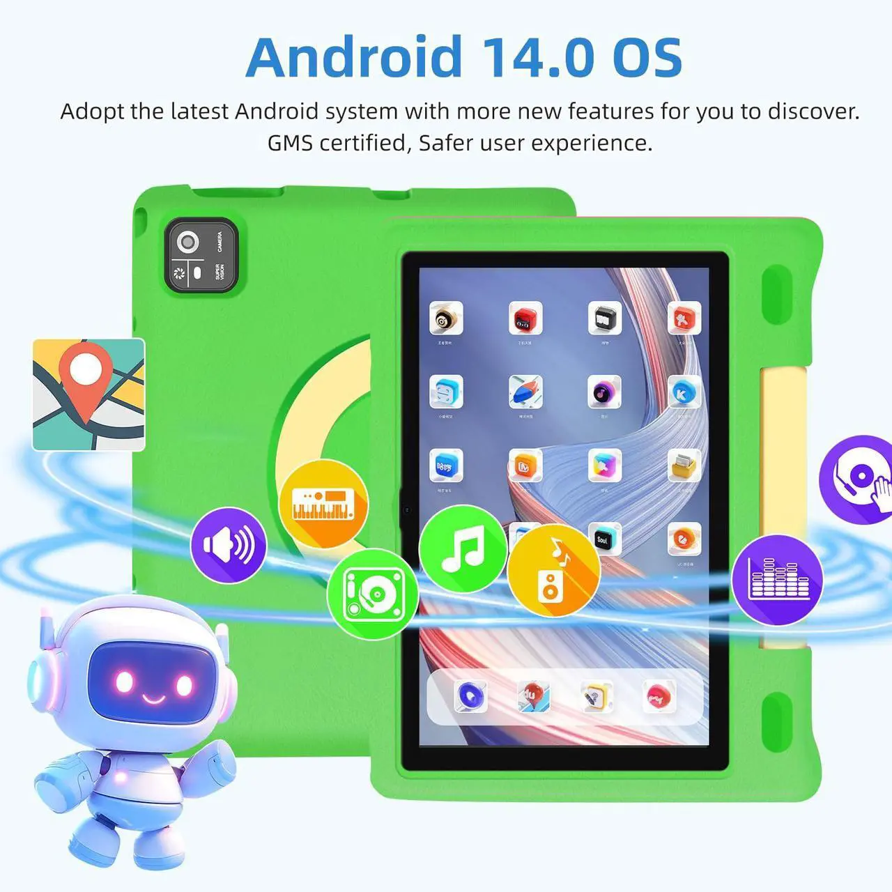 Alt view image 3 of 5 - NRKDUBQ Kids Tablet, 10.1 inch IPS HD Touchscreen Android 14 64 GB Storage, 8GB (4+4 Virtual) RAM, Octa Core Tablet for Kid with Kid-Proof Case, Parental Controls, 12-hr Battery, WiFi, GPS - Green