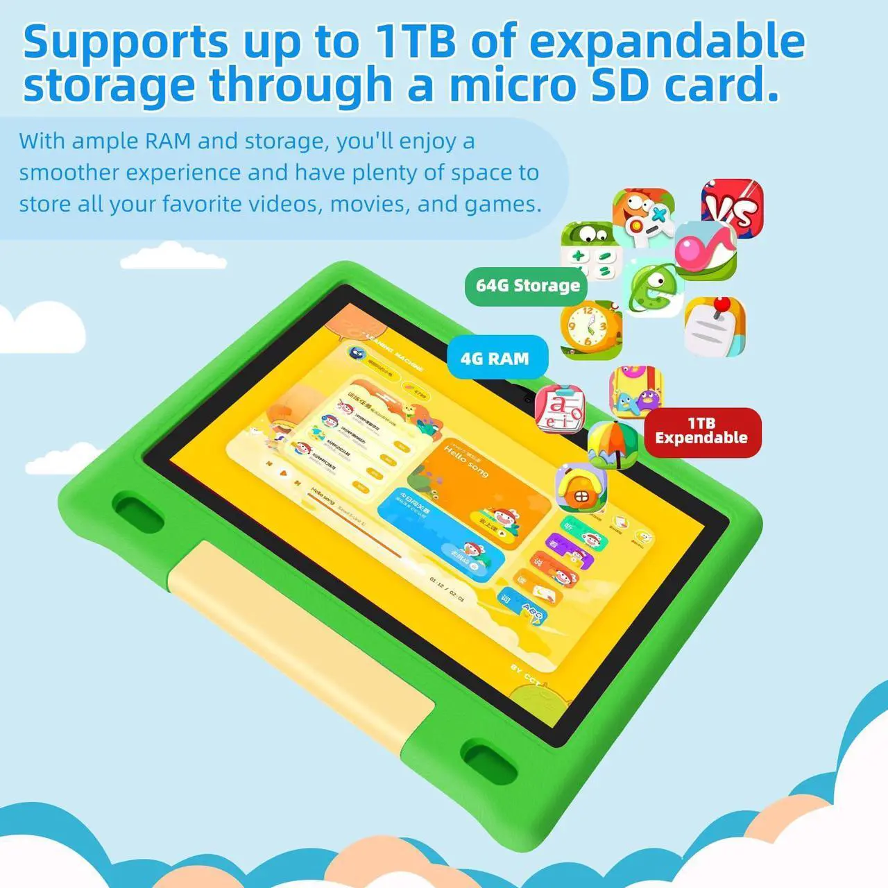 Alt view image 5 of 5 - NRKDUBQ Kids Tablet, 10.1 inch IPS HD Touchscreen Android 14 64 GB Storage, 8GB (4+4 Virtual) RAM, Octa Core Tablet for Kid with Kid-Proof Case, Parental Controls, 12-hr Battery, WiFi, GPS - Green