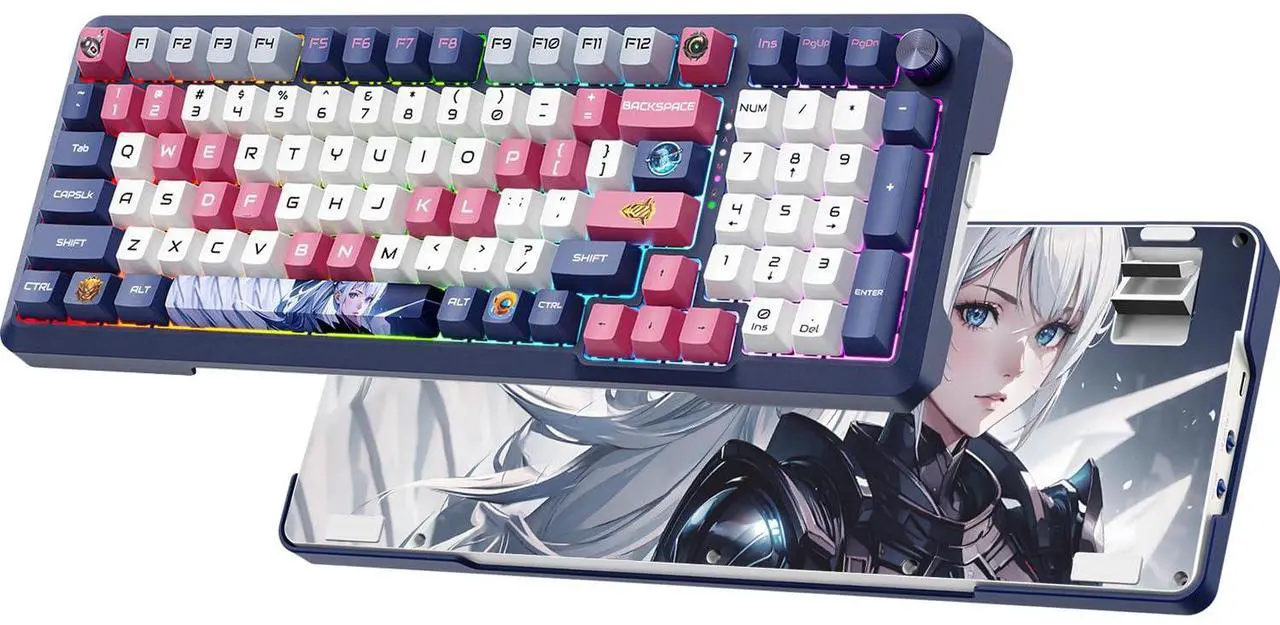 Alt view image 2 of 5 - Wireless Anime Mechanical Keyboard and Mouse, 98-Key RGB Spacer 2.4GHz/Wired/Bluetooth Keyboard, Lightweight Programmable 26K DPI Bluetooth Anime Gaming Mouse