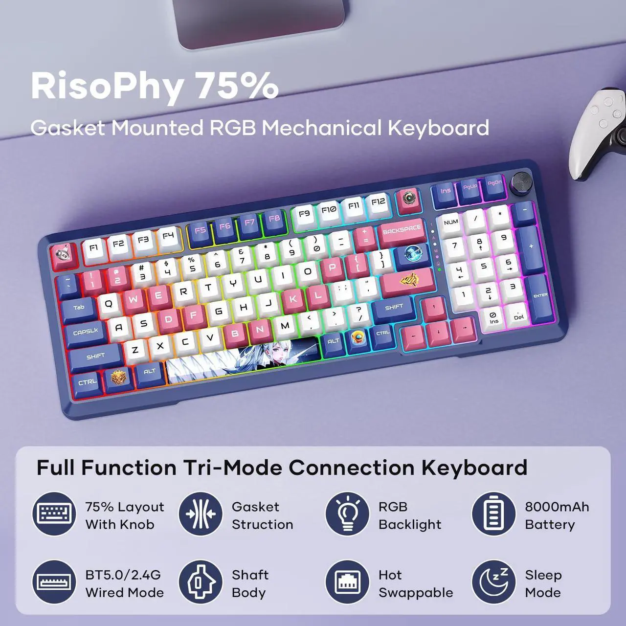 Alt view image 4 of 5 - Wireless Anime Mechanical Keyboard and Mouse, 98-Key RGB Spacer 2.4GHz/Wired/Bluetooth Keyboard, Lightweight Programmable 26K DPI Bluetooth Anime Gaming Mouse
