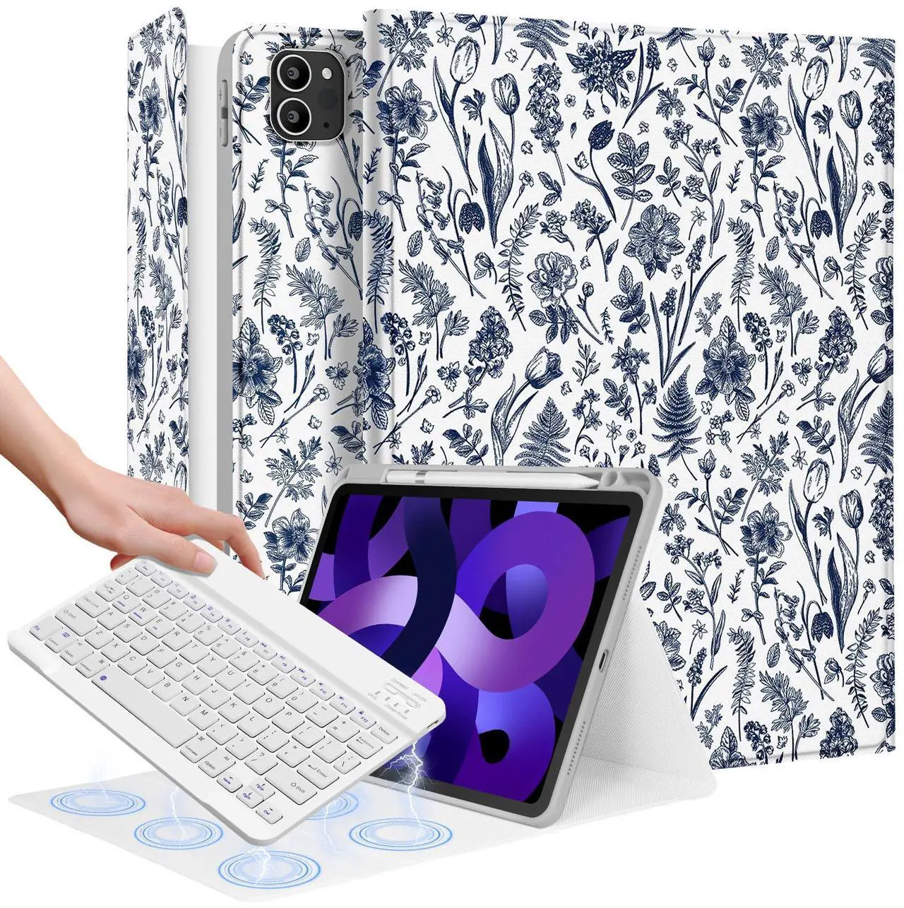 Main image of Uppuppy for iPad Air 11 inch Case 2024 - Air 5th/4th Generation 10.9, Pro 11 Case with Keyboard Pencil Holder Tablet Cover Folio Women Girl Cute Teen Blue Floral for iPad Air 11 2024 (M2), Pro 11