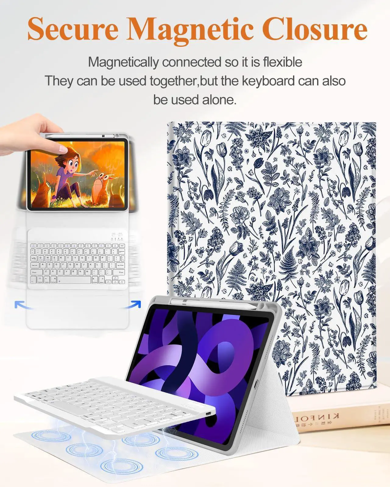 Alt view image 4 of 5 - Uppuppy for iPad Air 11 inch Case 2024 - Air 5th/4th Generation 10.9, Pro 11 Case with Keyboard Pencil Holder Tablet Cover Folio Women Girl Cute Teen Blue Floral for iPad Air 11 2024 (M2), Pro 11