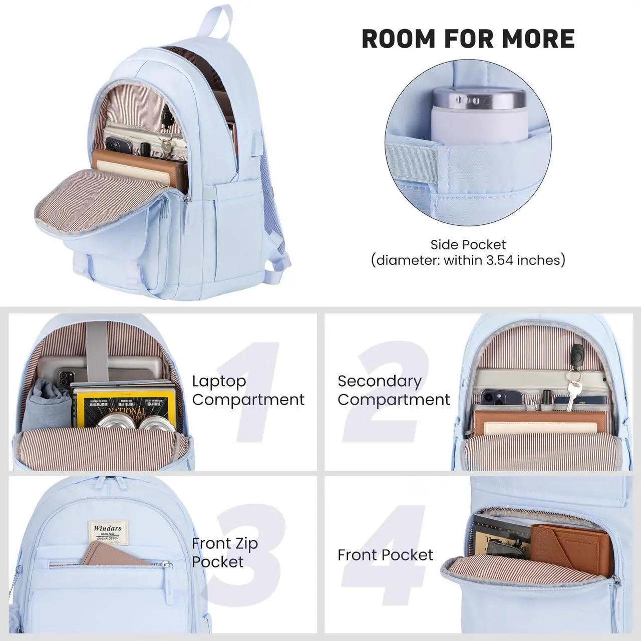 Alt view image 2 of 5 - WINDARS School Backpack for Teen Girls, Cute College Backpacks for Women Students Aesthetic Bookbag Large 15.6 Inch Laptop Bag Middle School Travel Back Pack (Blue)