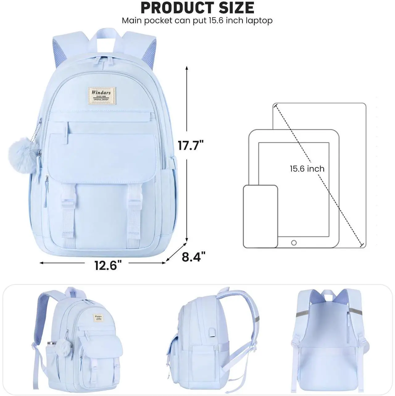 Alt view image 3 of 5 - WINDARS School Backpack for Teen Girls, Cute College Backpacks for Women Students Aesthetic Bookbag Large 15.6 Inch Laptop Bag Middle School Travel Back Pack (Blue)