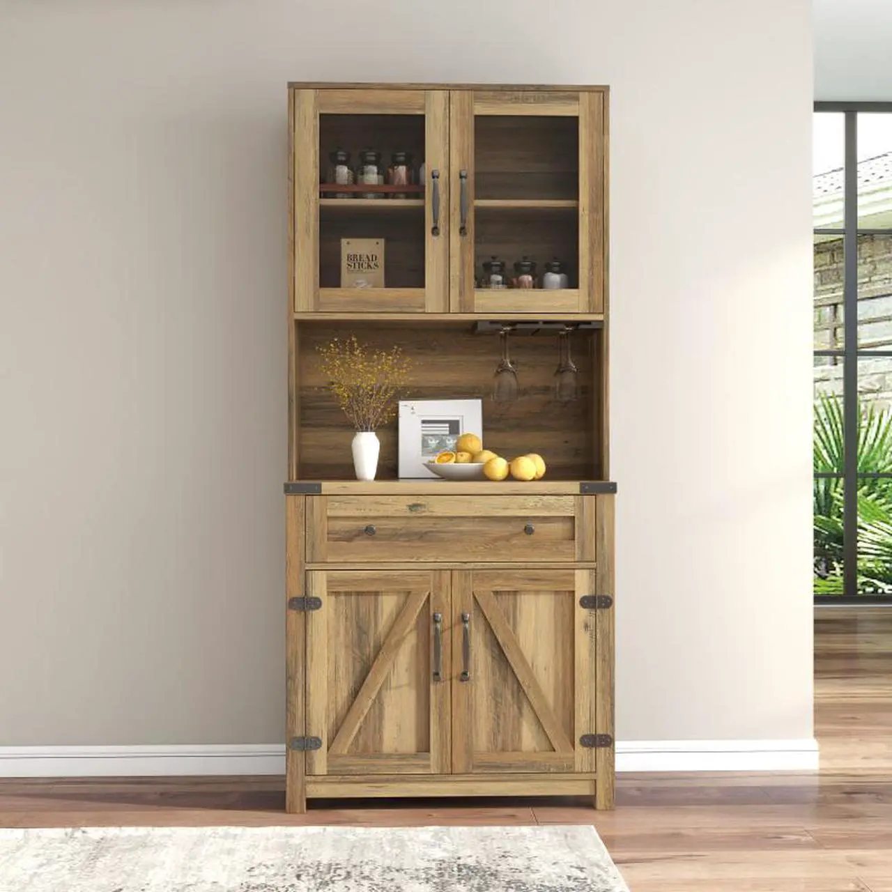 Alt view image 2 of 3 - Wesome Modern Farmhouse Double Barn Door Accent Bar Cabinet with Goblet Holder, Yellow Walnut