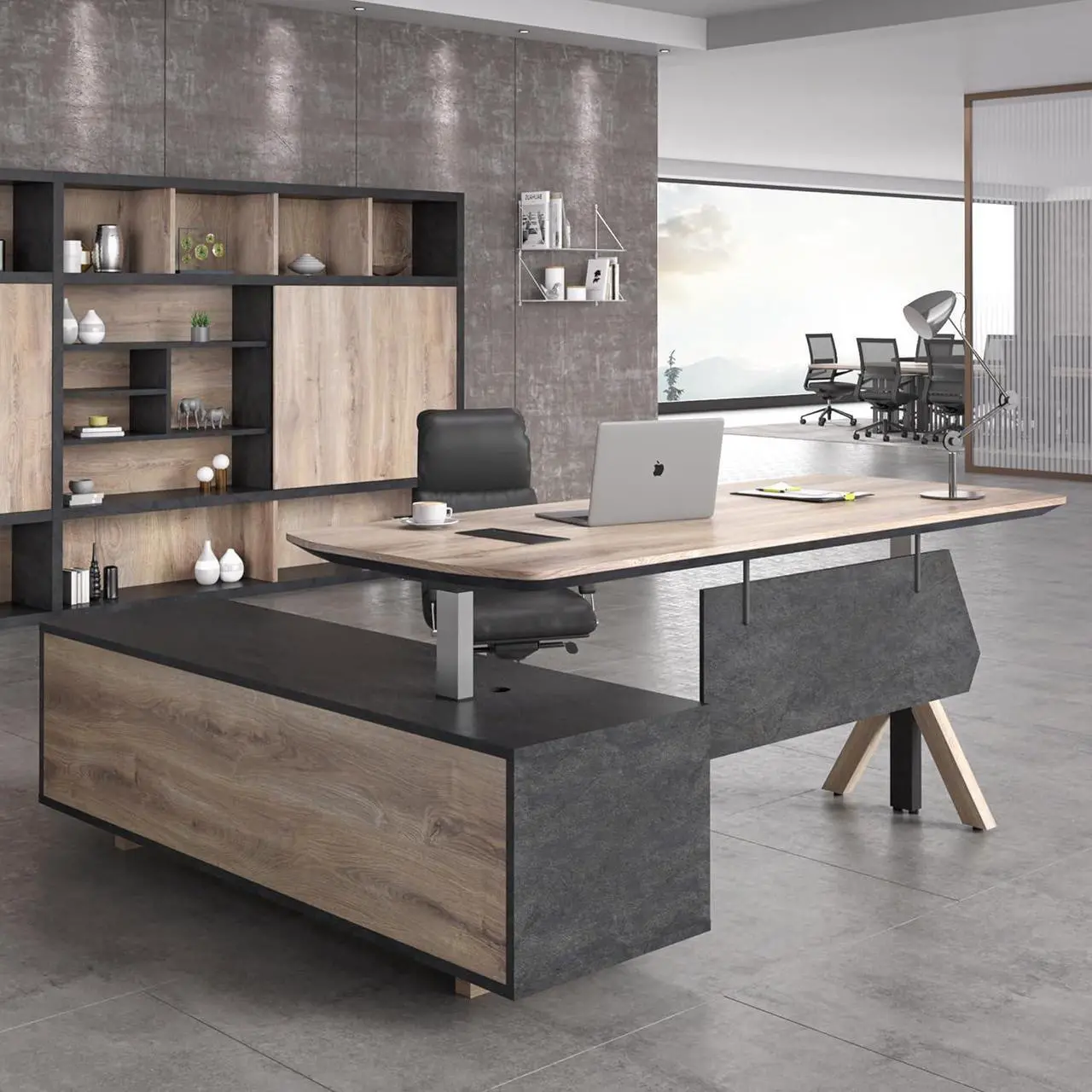 Alt view image 2 of 4 - wesome 86.61-Inch Hight Adjustable Executive Desk with Drawers, Large L Shape Desk with Cabinet Storage, Business Executive Office Desk with Shelves, Modern Business Furniture