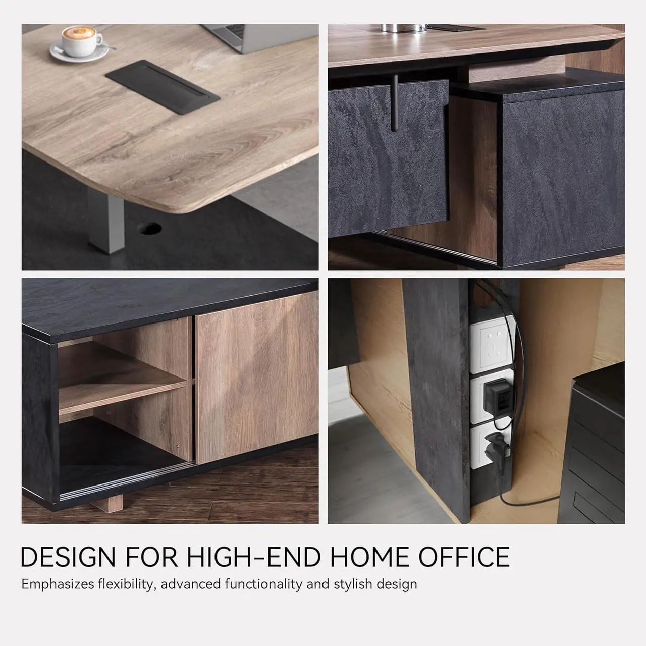 Alt view image 4 of 4 - wesome 86.61-Inch Hight Adjustable Executive Desk with Drawers, Large L Shape Desk with Cabinet Storage, Business Executive Office Desk with Shelves, Modern Business Furniture