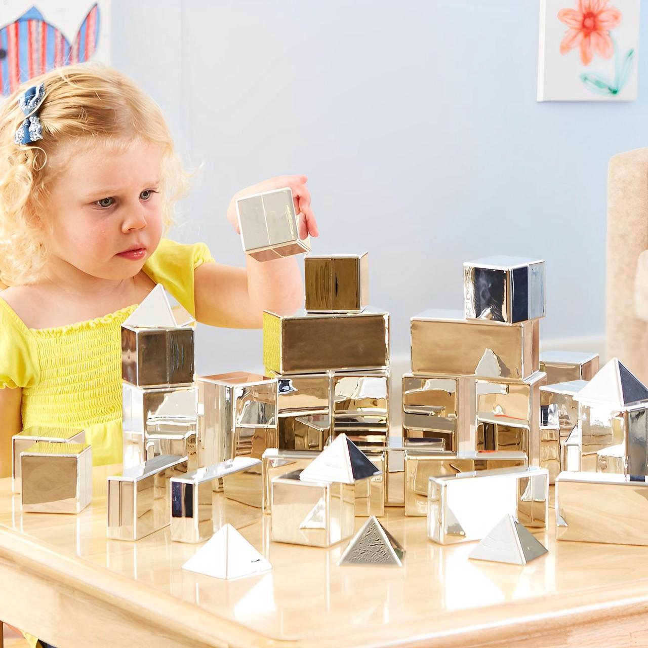 Alt view image 2 of 6 - TTS Metallic Mini Construction Blocks  Mirror Finish Sensory Building Set  STEM Learning Toy for Kids - 32 Pieces