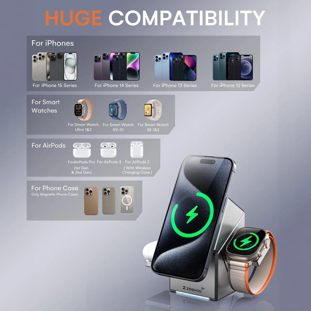 Alt view image 6 of 7 - ZEEHOO CubeTrickX 3in1 Magnetic Wireless Charging Station with 30W Fast Charger for iPhone 16 15 14 13 12, Apple Watch, and AirPods - Qi2 Certified, Auto-Rotating, Compact Design