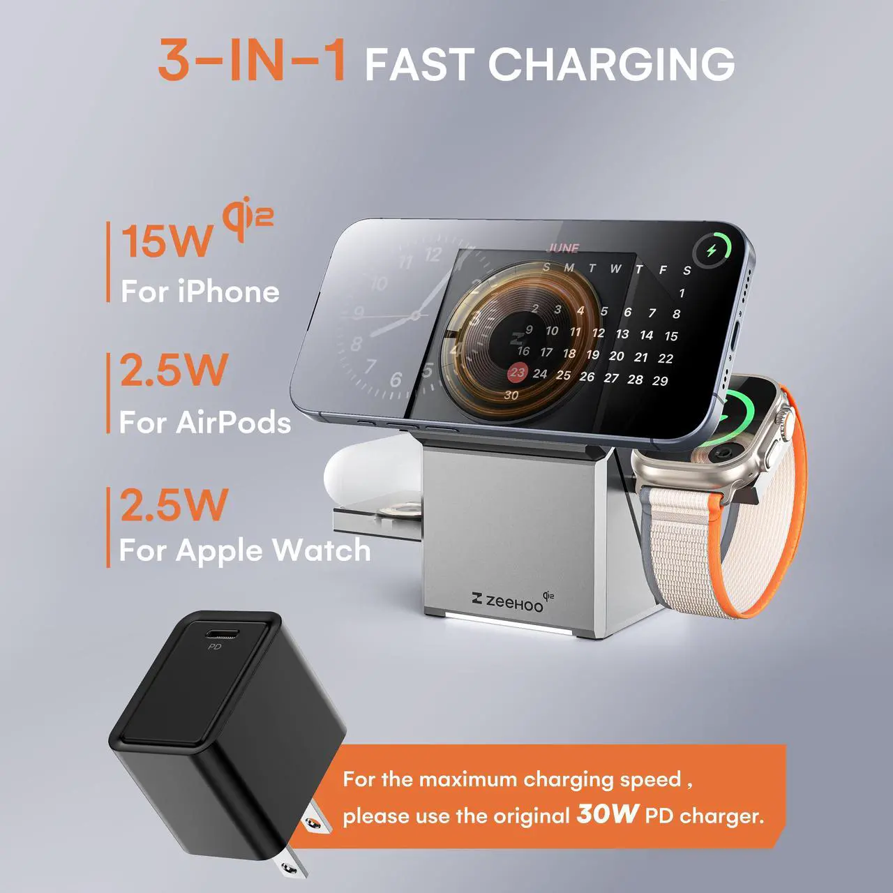 Alt view image 2 of 7 - ZEEHOO CubeTrickX 3in1 Magnetic Wireless Charging Station with 30W Fast Charger for iPhone 16 15 14 13 12, Apple Watch, and AirPods - Qi2 Certified, Auto-Rotating, Compact Design