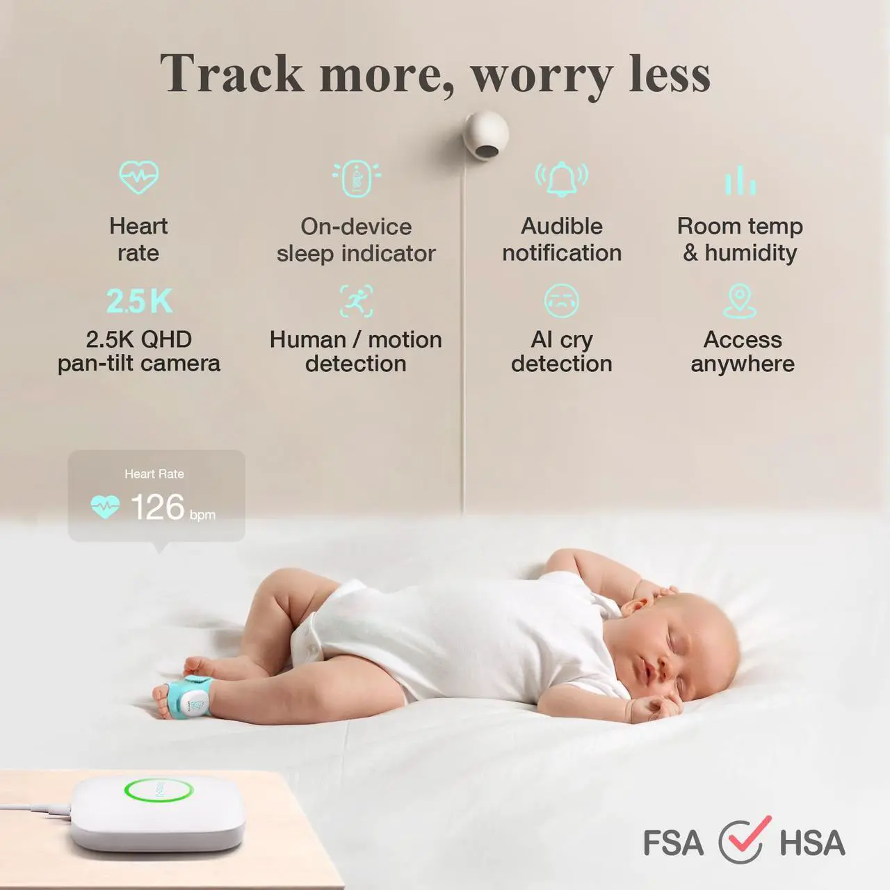 Alt view image 2 of 7 - Sense-U Baby Sock Shoe Bundle Smart Baby Monitor: Sock Shoe Plus 2.5K PTZ Camera - Track Heart Rate, Sleep Movement, Heartbeat, Pan-Tilt-Zoom Video, AI Cry Detection, Audio, FSA/HSA Eligible, 0-12M