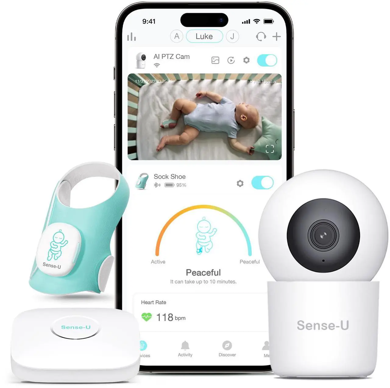 Main image of Sense-U Baby Sock Shoe Bundle Smart Baby Monitor: Sock Shoe Plus 2.5K PTZ Camera - Track Heart Rate, Sleep Movement, Heartbeat, Pan-Tilt-Zoom Video, AI Cry Detection, Audio, FSA/HSA Eligible, 0-12M