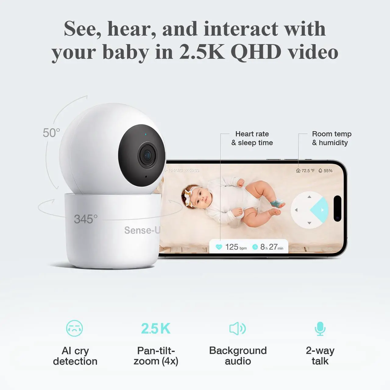 Alt view image 6 of 7 - Sense-U Baby Sock Shoe Bundle Smart Baby Monitor: Sock Shoe Plus 2.5K PTZ Camera - Track Heart Rate, Sleep Movement, Heartbeat, Pan-Tilt-Zoom Video, AI Cry Detection, Audio, FSA/HSA Eligible, 0-12M