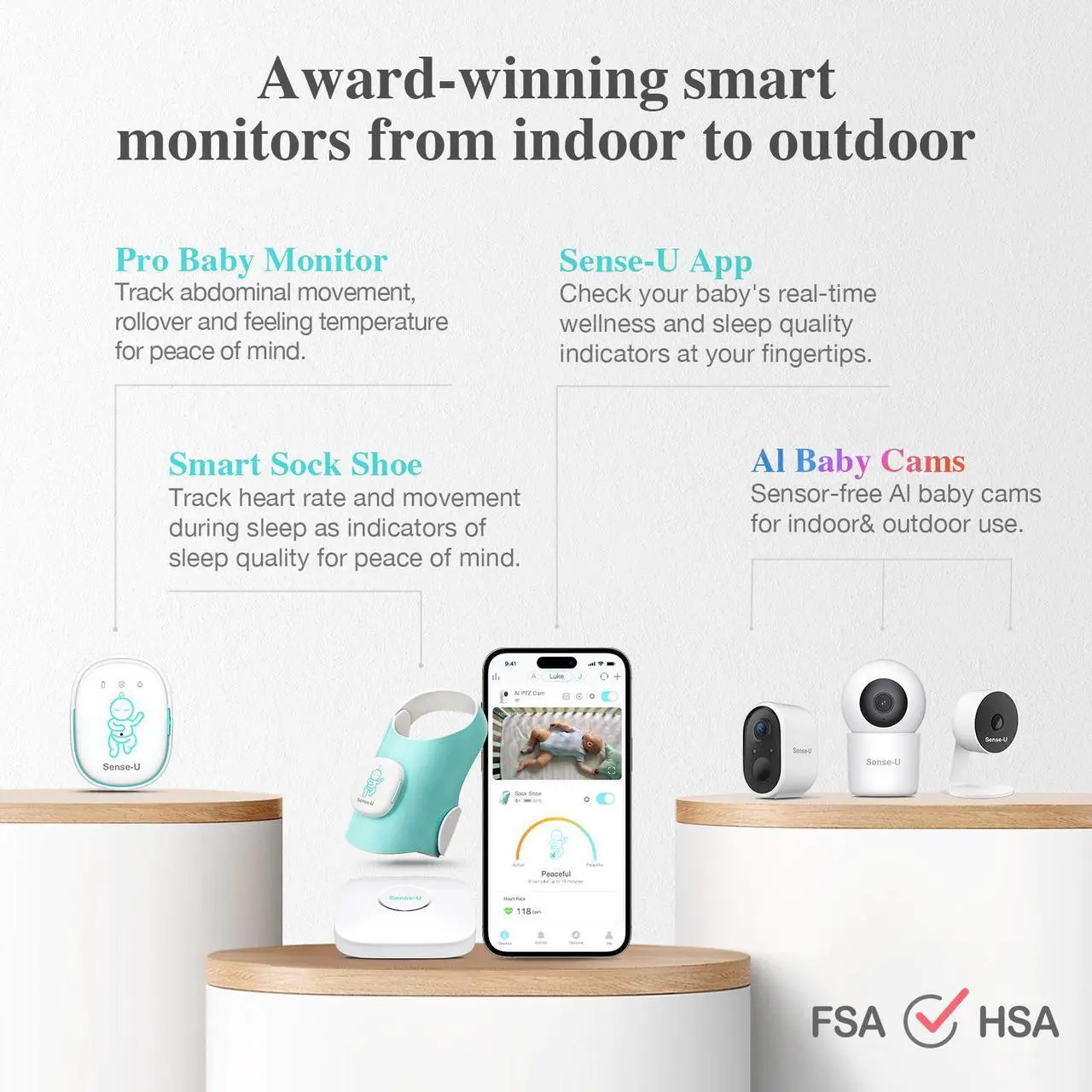 Alt view image 7 of 7 - Sense-U Baby Sock Shoe Bundle Smart Baby Monitor: Sock Shoe Plus 2.5K PTZ Camera - Track Heart Rate, Sleep Movement, Heartbeat, Pan-Tilt-Zoom Video, AI Cry Detection, Audio, FSA/HSA Eligible, 0-12M