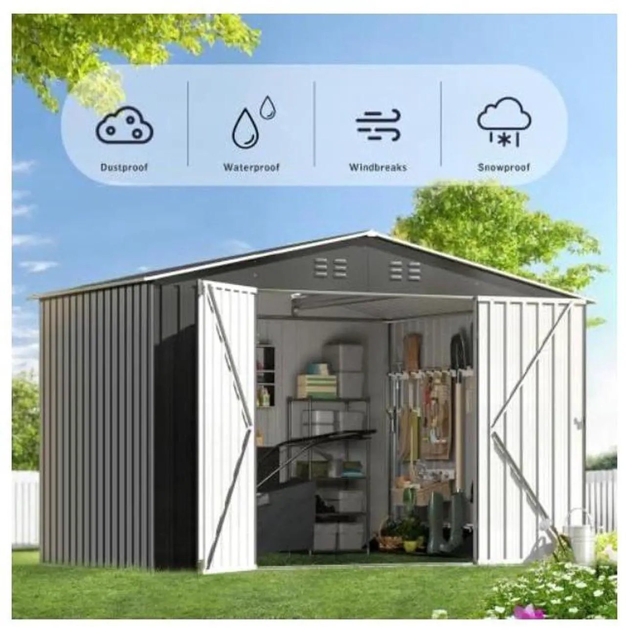 Alt view image 3 of 5 - Livevie Outdoor Storage Shed 6x8FT, Metal Tool Shed with Lockable Doors, Waterproof & Anti-Corrosion, Vents for Airflow, Sloped Roof, Iron Garden Storage House for Backyard, Lawn, Patio - Grey