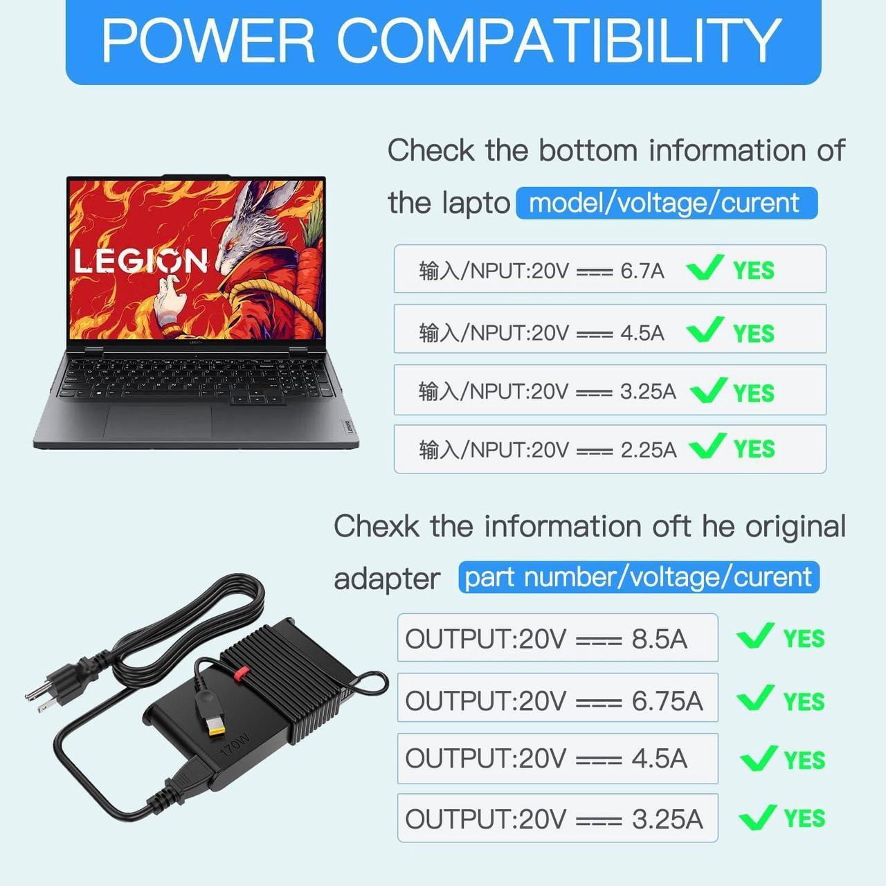 Alt view image 4 of 6 - Energizewiz 170W Charger 20V 8.5A for Lenovo Legion Slim 5 Yoga Pro 9i ThinkPad X1 Extreme P16 P16v IdeaPad Pro 5 LOQ 15APH8 6IRH8 15IRX9 15AHP9 ADL1703c3a USB Rectangular Tip
