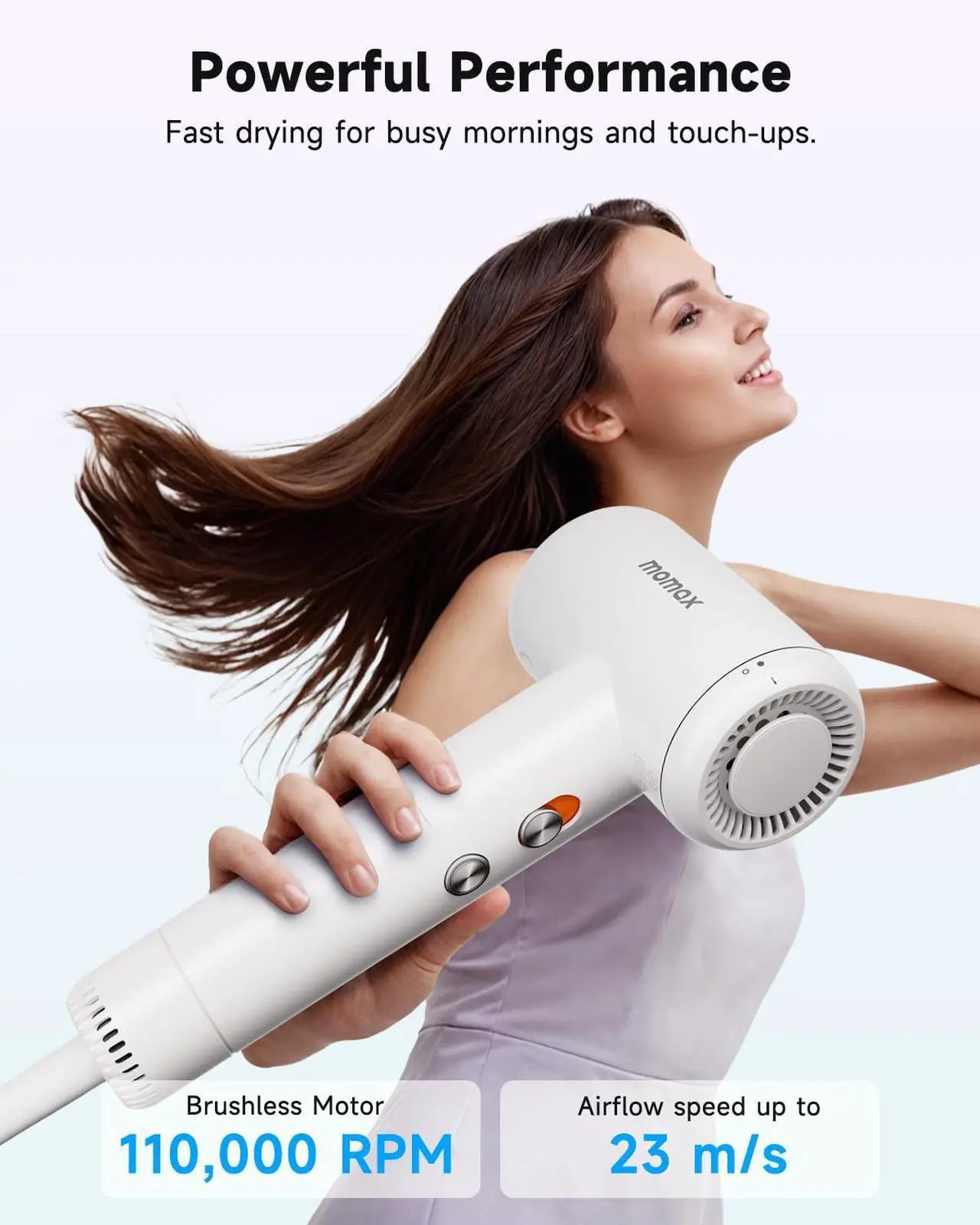 Alt view image 2 of 6 - momax High-Speed Hair Dryer - Mini Blow Dryer with 110,000 RPM Brushless Motor, Negative Ionic for Fast Drying, Low Noise, Portable with Magnetic Nozzle, Lightweight Design for Home and Travel
