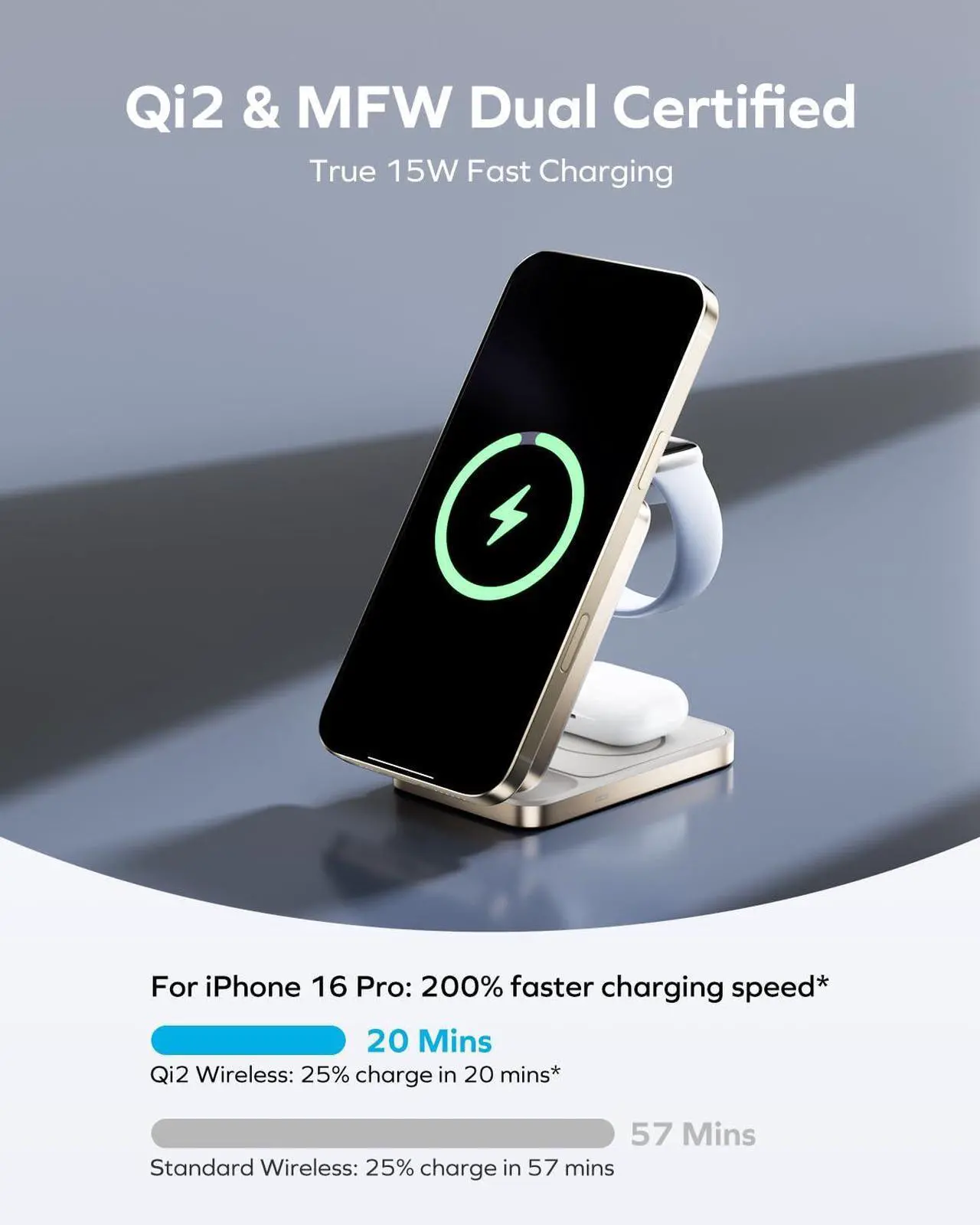 Alt view image 2 of 7 - MOMAX MagSafe-Compatible 3-in-1 Wireless Charger Station Apple, 15W Qi2-Certified Foldable Magnetic Wireless Charger Dock Stand, Fast Charging iPhone Watch and Airpods Charging Station Base