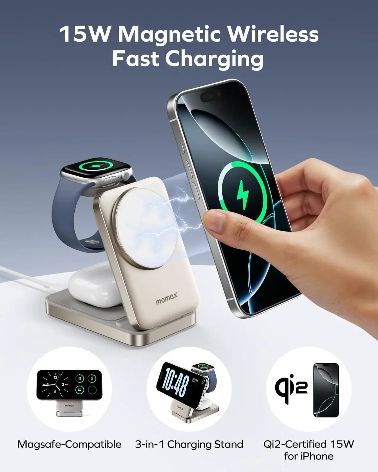 Alt view image 3 of 7 - MOMAX MagSafe-Compatible 3-in-1 Wireless Charger Station Apple, 15W Qi2-Certified Foldable Magnetic Wireless Charger Dock Stand, Fast Charging iPhone Watch and Airpods Charging Station Base