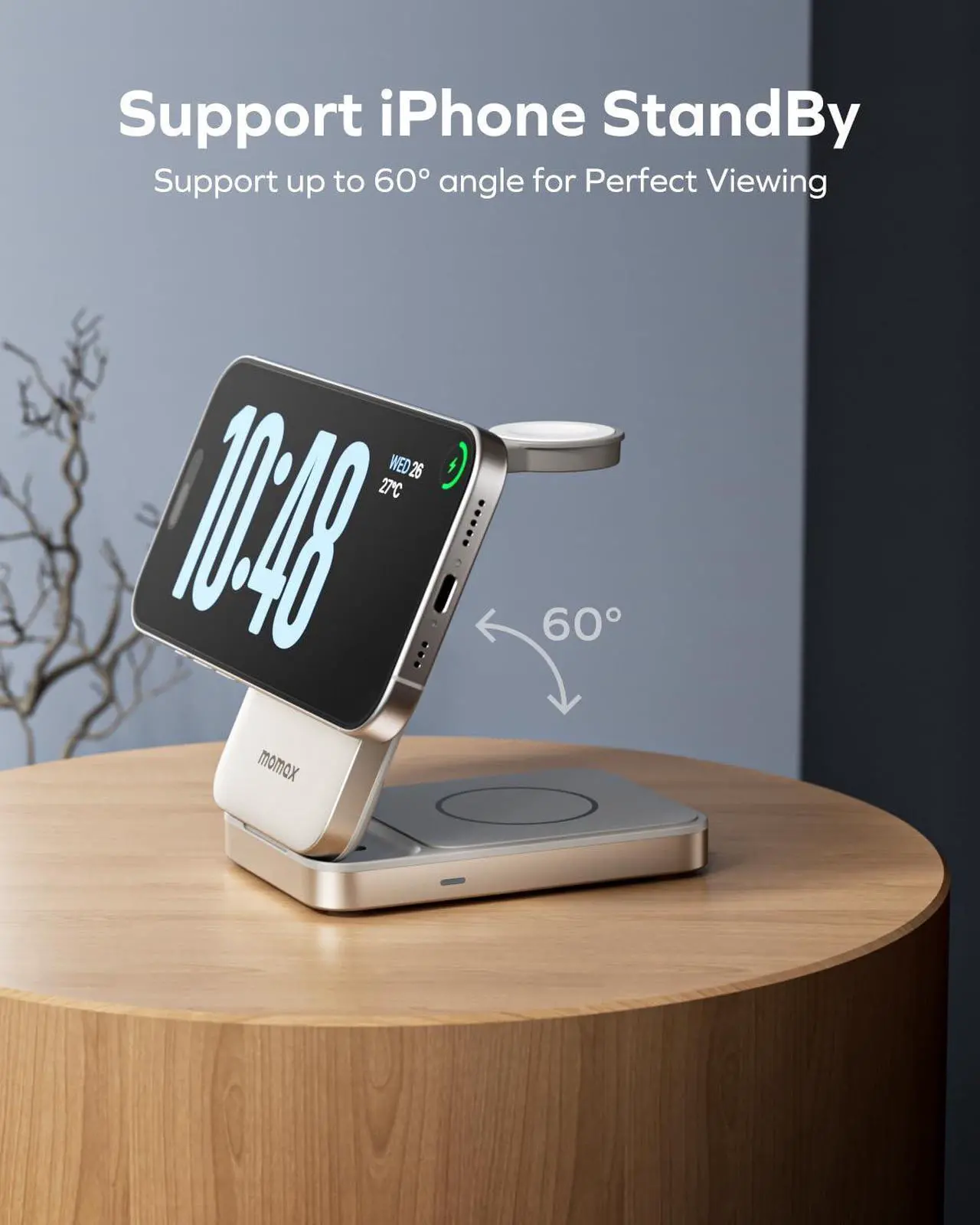Alt view image 5 of 7 - MOMAX MagSafe-Compatible 3-in-1 Wireless Charger Station Apple, 15W Qi2-Certified Foldable Magnetic Wireless Charger Dock Stand, Fast Charging iPhone Watch and Airpods Charging Station Base