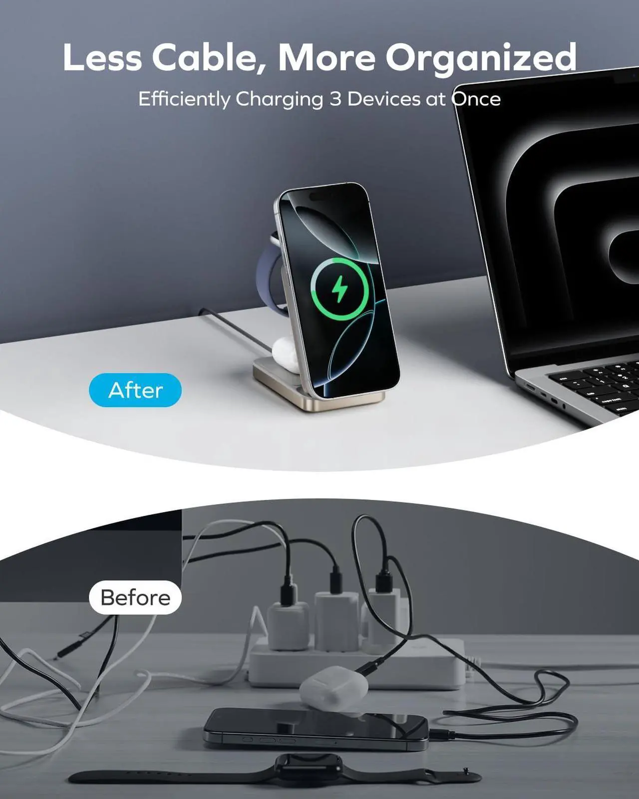Alt view image 7 of 7 - MOMAX MagSafe-Compatible 3-in-1 Wireless Charger Station Apple, 15W Qi2-Certified Foldable Magnetic Wireless Charger Dock Stand, Fast Charging iPhone Watch and Airpods Charging Station Base