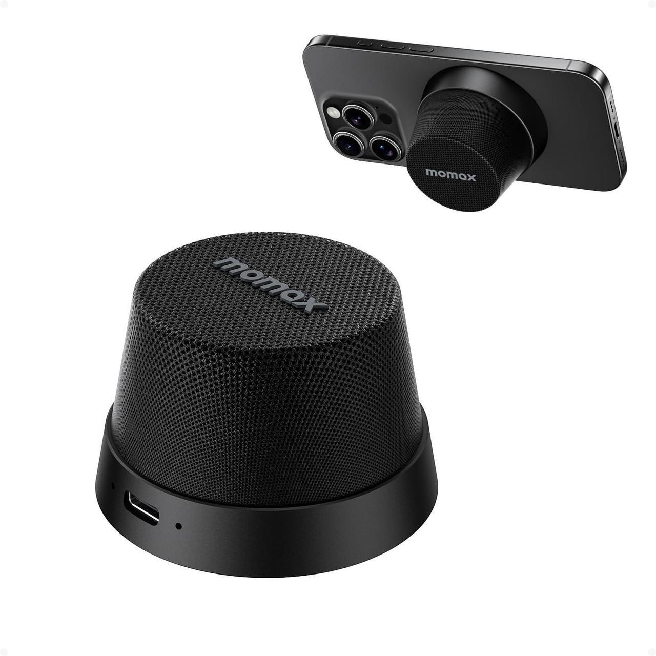 Main image of MOMAX Magnetic Phone Stand Wirelwss Speaker - Portable Mini Wireless Speaker Cellphone Holder with Premium Metallic Finish, Strong Magnet for iPhone/Travel/Home/Office/Car