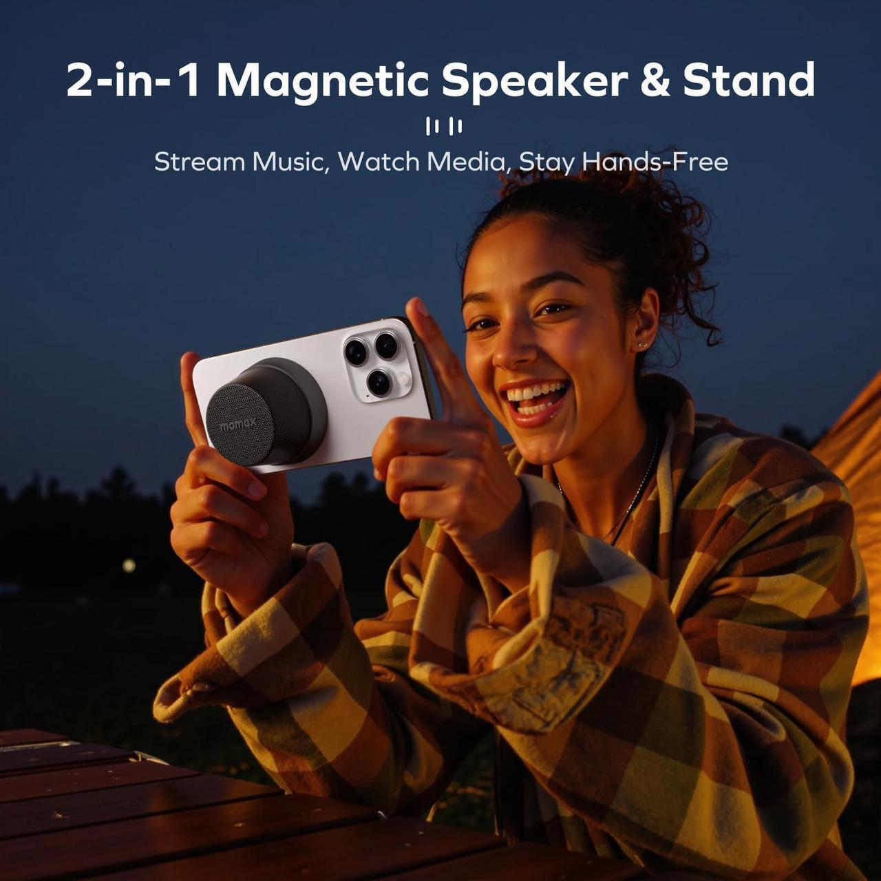 Alt view image 2 of 6 - MOMAX Magnetic Phone Stand Wirelwss Speaker - Portable Mini Wireless Speaker Cellphone Holder with Premium Metallic Finish, Strong Magnet for iPhone/Travel/Home/Office/Car