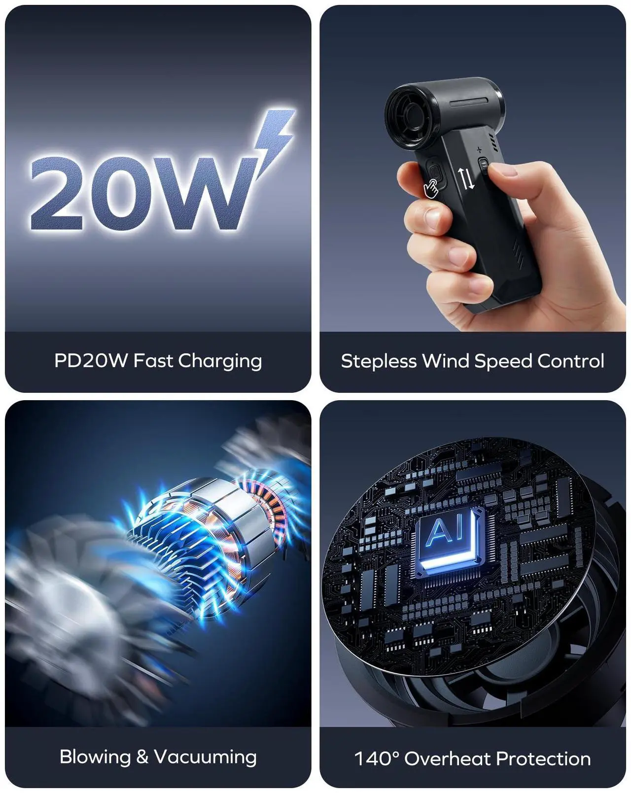 Alt view image 7 of 7 - 2-in-1 Electric Air Duster & Vacuum, 130,000 RPM Brushless Air Duster, 8KPA Car Vacuum 8000mAh Air Blower Wireless Handheld Vacuum for Car, Office and Home