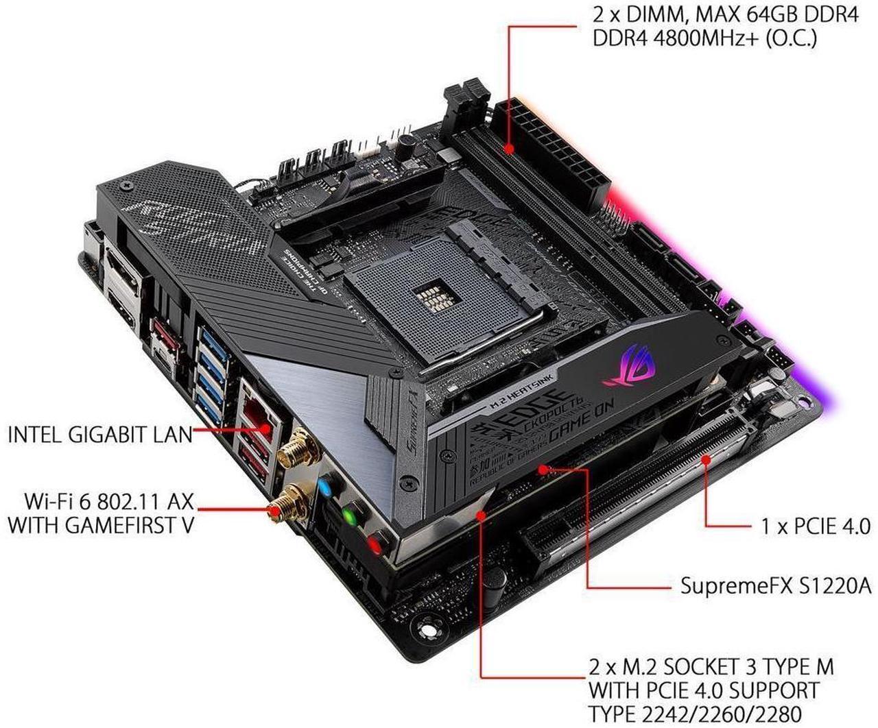 Alt view image 8 of 10 - ASUS ROG Strix X570-I Gaming, X570 Mini-ITX Gaming Motherboard, AMD Ryzen 3000 with PCIe 4.0, WiFi 6 (802.11ax), Intel Gigabit Ethernet, SATA 6Gb/s
