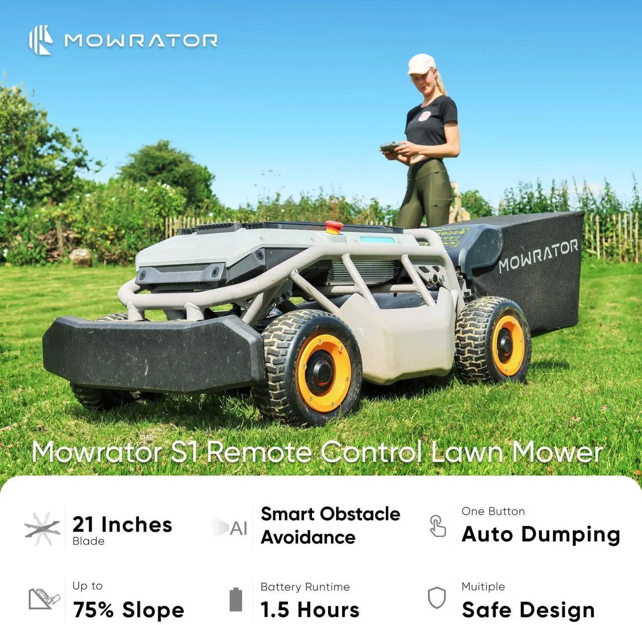 Alt view image 2 of 7 - Mowrator Remote Control Lawn Mower S1 4WD 56V18Ah, Robot Lawn Mower Multi-Functions with 1.5-4.3 Inch Cutting Height 21 Inch Real Blade, Robotic Lawn Mower for 75% Slope(37°) with Mowing 1.12 Acres