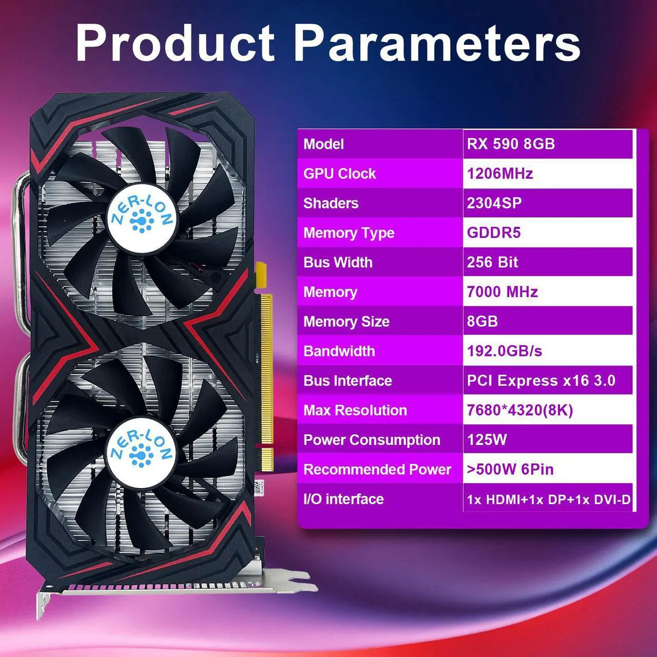 Alt view image 2 of 7 - ZER LON Radeon RX 590 8GB GME Graphics Card, 2304SP GDDR5 256 Bit PCIE 3.0X16 Computer Gaming Gpu, Dual Freeze Fans Video Card with HDMI/DP/DVI Ports Support 8K