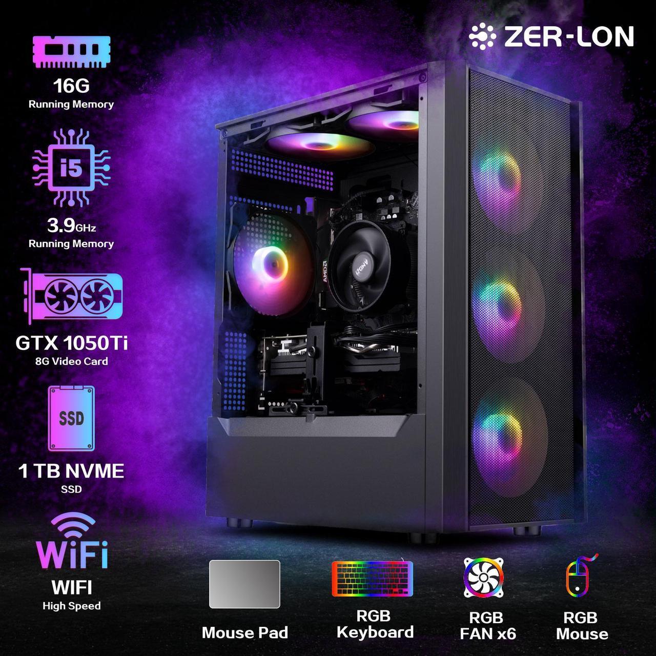 Alt view image 2 of 7 - ZER-LON Gaming PC Desktop Computer, Intel Core I5-9400F up to 3.9 GHz, GTX 1050Ti 4G, 16G DDR4 RAM, 1TB NVME SSD, WiFi 5.0, Prebuilt Gaming PC Tower Computer with RGB Fan x 4, Windows 11 Home