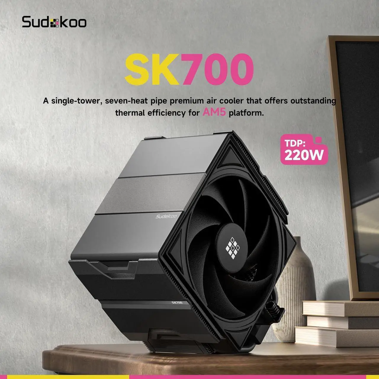 Alt view image 2 of 6 - Sudokoo SK700 AM5-Designated CPU Air Cooler, Single Tower, 7 Heatpipes, TDP 220W, Full RAM Freedom, L-Rail Lock Mount, M-Winding Tech Fan, Black