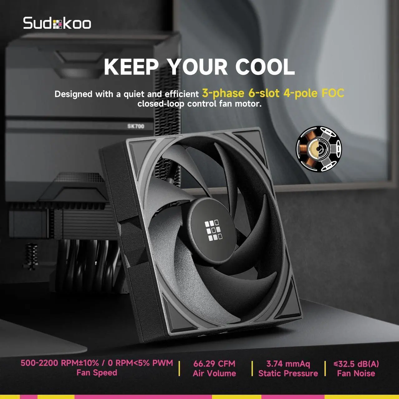 Alt view image 4 of 6 - Sudokoo SK700 AM5-Designated CPU Air Cooler, Single Tower, 7 Heatpipes, TDP 220W, Full RAM Freedom, L-Rail Lock Mount, M-Winding Tech Fan, Black