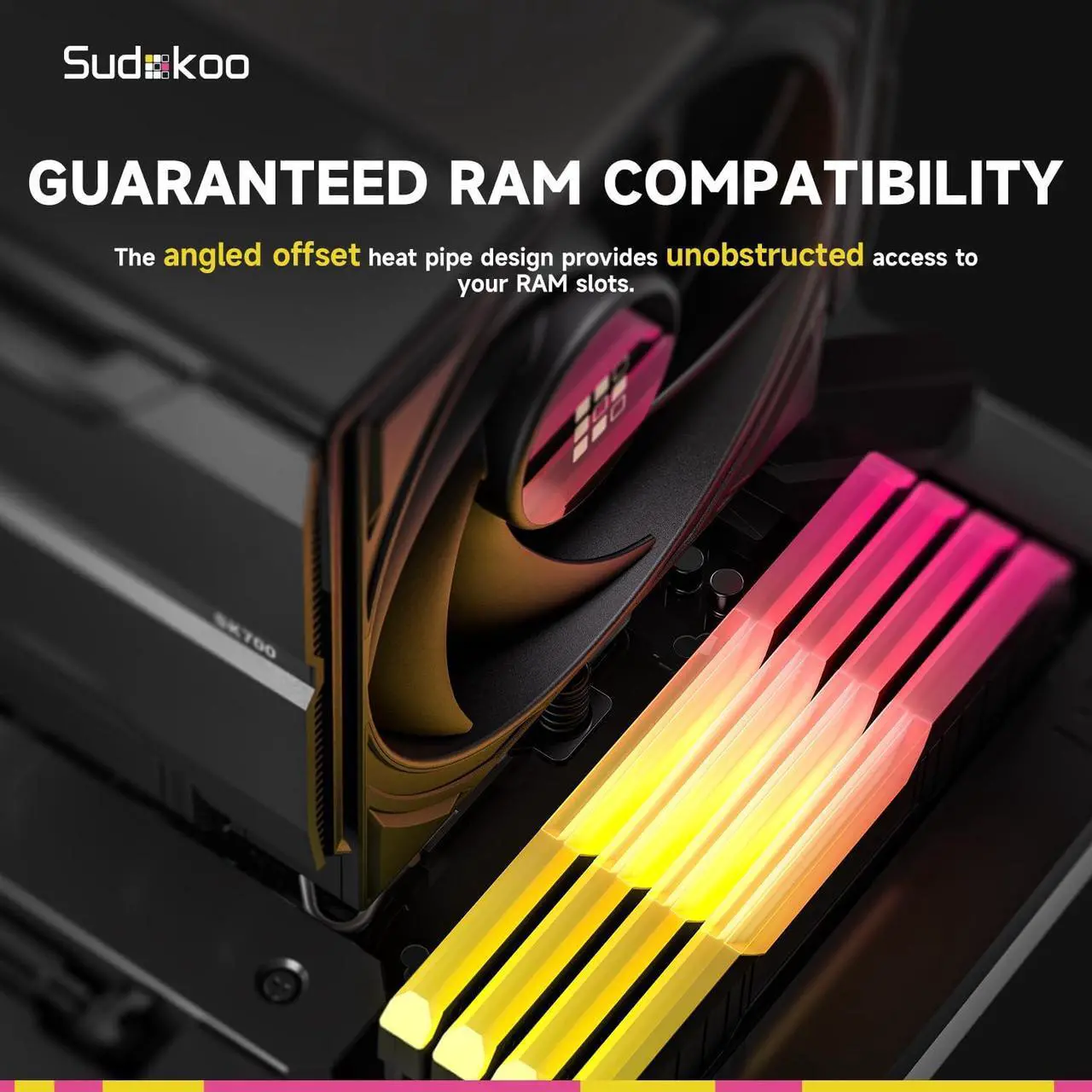 Alt view image 5 of 6 - Sudokoo SK700 AM5-Designated CPU Air Cooler, Single Tower, 7 Heatpipes, TDP 220W, Full RAM Freedom, L-Rail Lock Mount, M-Winding Tech Fan, Black
