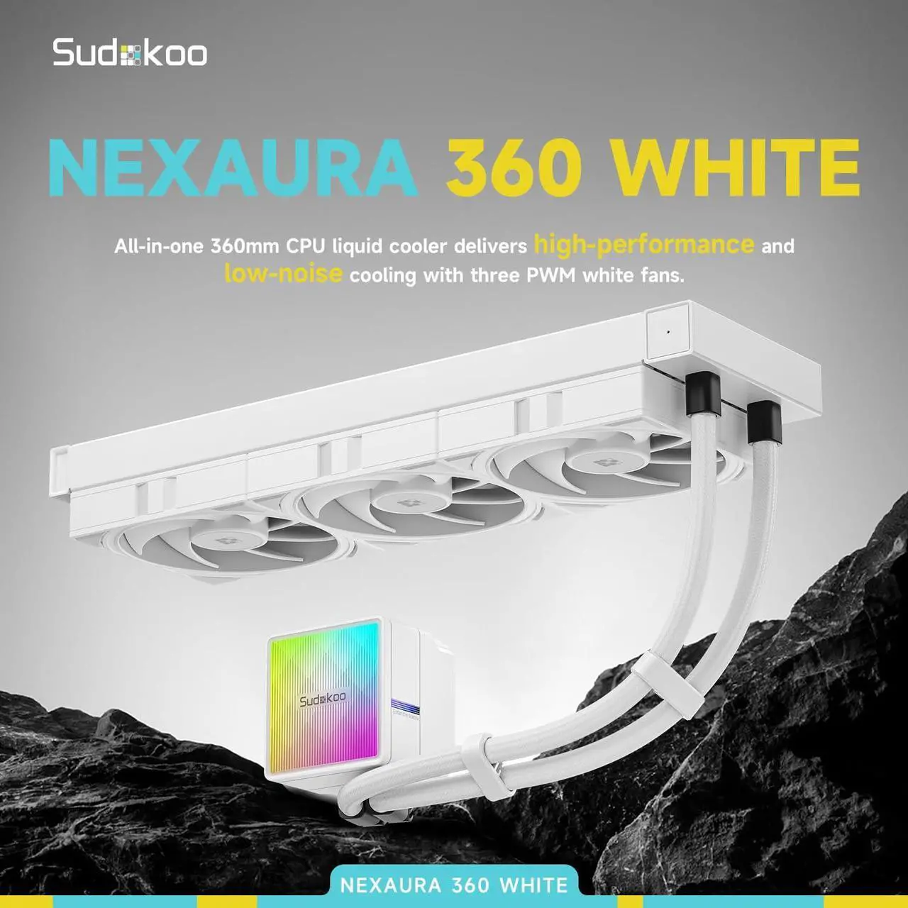 Alt view image 2 of 6 - Sudokoo NEXAURA 360 White AIO Liquid CPU Cooler, PWM Pump, ARGB Pump Head, TDP 300W, FDB Fans, Intel LGA 1851/1700/1200/115X AMD AM5/AM4, White