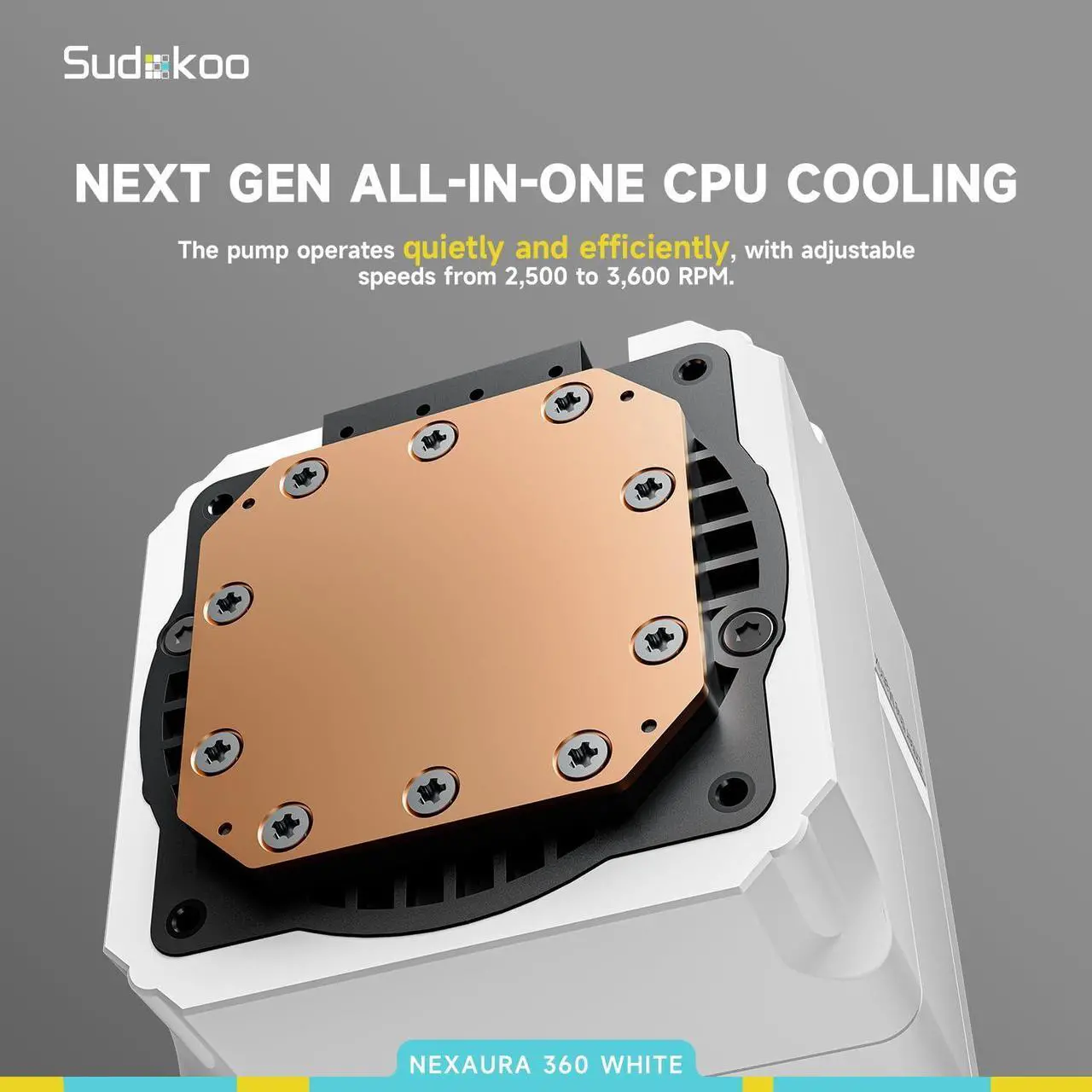 Alt view image 4 of 6 - Sudokoo NEXAURA 360 White AIO Liquid CPU Cooler, PWM Pump, ARGB Pump Head, TDP 300W, FDB Fans, Intel LGA 1851/1700/1200/115X AMD AM5/AM4, White