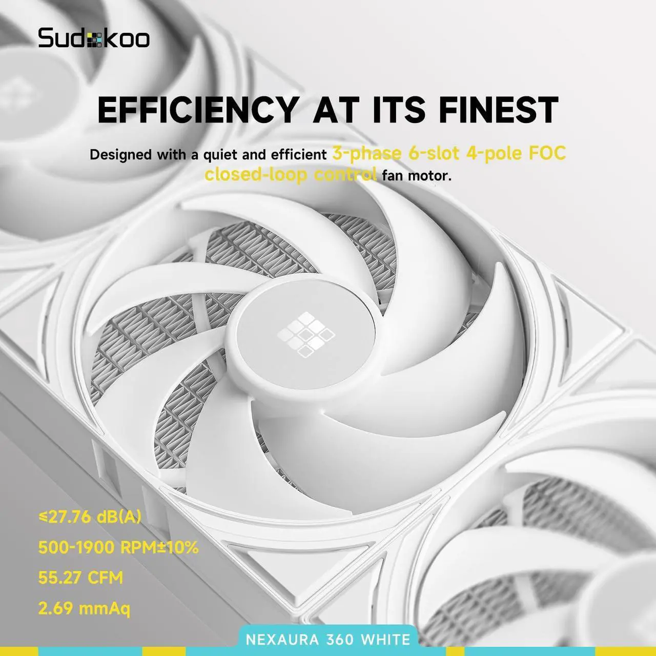 Alt view image 5 of 6 - Sudokoo NEXAURA 360 White AIO Liquid CPU Cooler, PWM Pump, ARGB Pump Head, TDP 300W, FDB Fans, Intel LGA 1851/1700/1200/115X AMD AM5/AM4, White