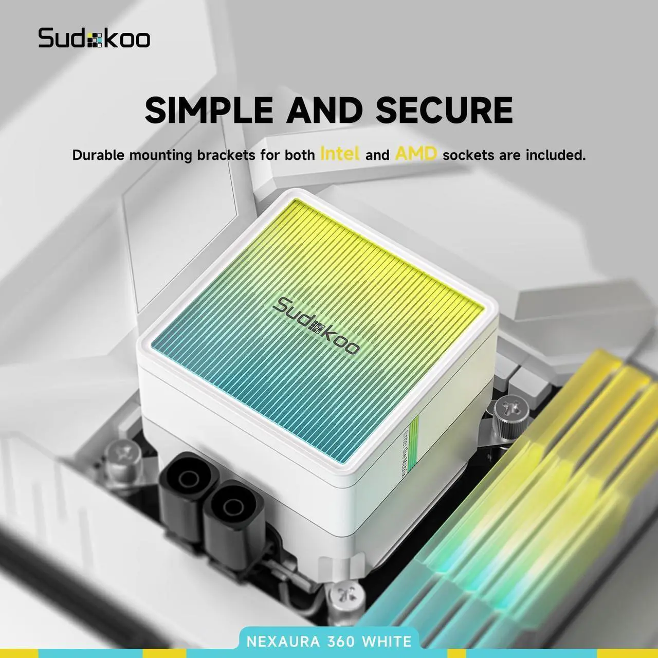 Alt view image 6 of 6 - Sudokoo NEXAURA 360 White AIO Liquid CPU Cooler, PWM Pump, ARGB Pump Head, TDP 300W, FDB Fans, Intel LGA 1851/1700/1200/115X AMD AM5/AM4, White